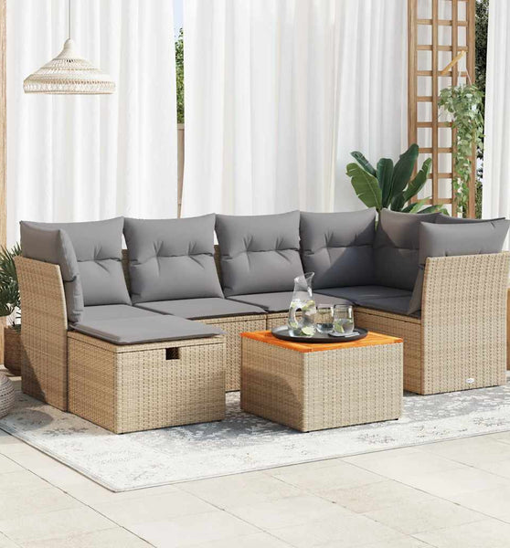 7-tlg. Garten-Sofagarnitur mit Kissen Beige Poly Rattan