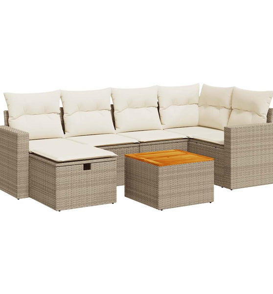 7-tlg. Garten-Sofagarnitur mit Kissen Beige Poly Rattan