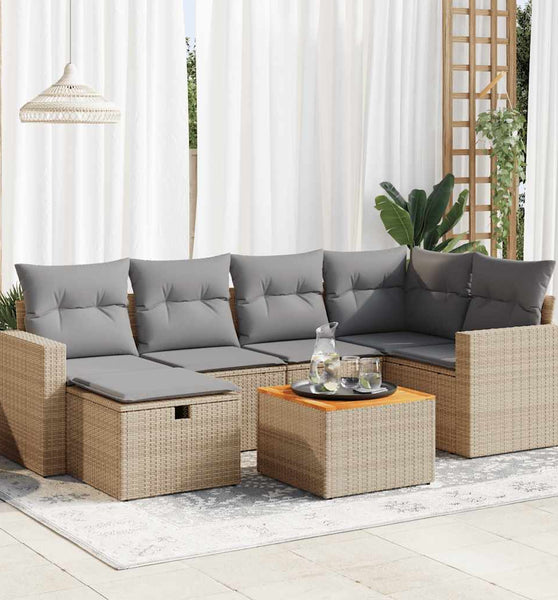 7-tlg. Garten-Sofagarnitur mit Kissen Beige Poly Rattan