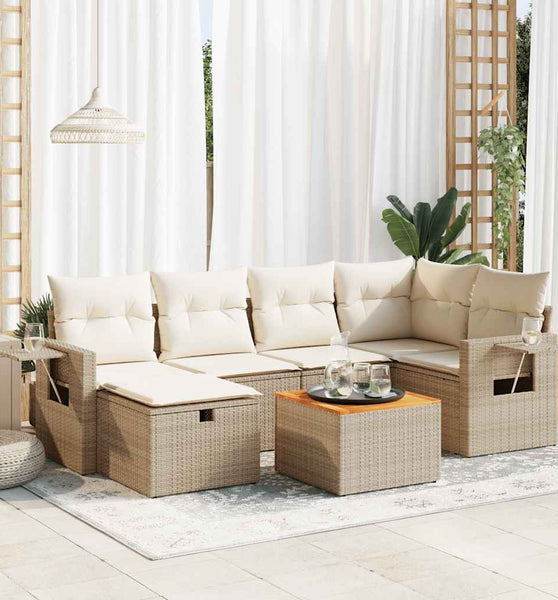 7-tlg. Garten-Sofagarnitur mit Kissen Beige Poly Rattan