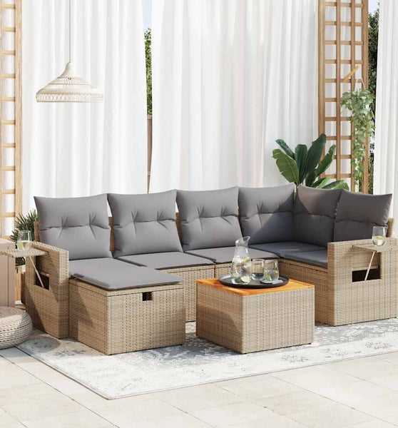 7-tlg. Garten-Sofagarnitur mit Kissen Beige Poly Rattan