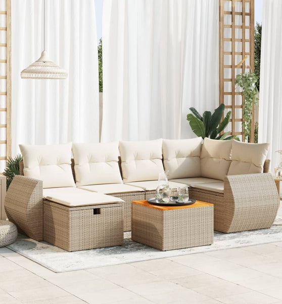 7-tlg. Garten-Sofagarnitur mit Kissen Beige Poly Rattan