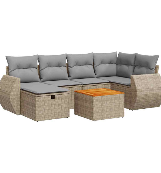 7-tlg. Garten-Sofagarnitur mit Kissen Beige Poly Rattan