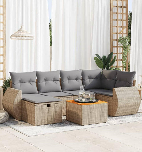 7-tlg. Garten-Sofagarnitur mit Kissen Beige Poly Rattan