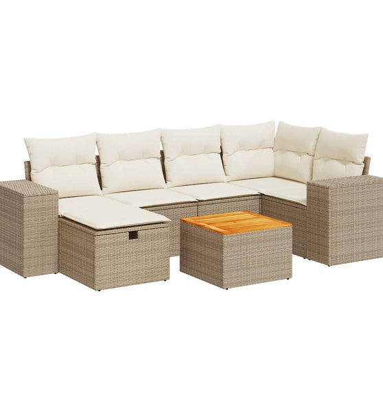 7-tlg. Garten-Sofagarnitur mit Kissen Beige Poly Rattan