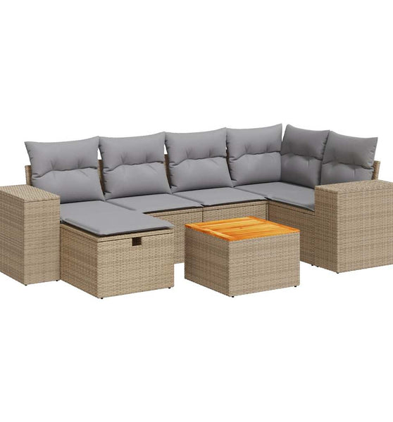 7-tlg. Garten-Sofagarnitur mit Kissen Beige Poly Rattan