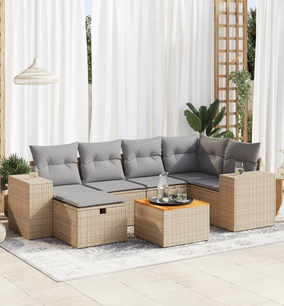 7-tlg. Garten-Sofagarnitur mit Kissen Beige Poly Rattan