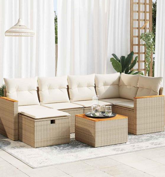 7-tlg. Garten-Sofagarnitur mit Kissen Beige Poly Rattan