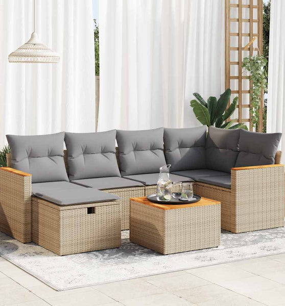 7-tlg. Garten-Sofagarnitur mit Kissen Beige Poly Rattan