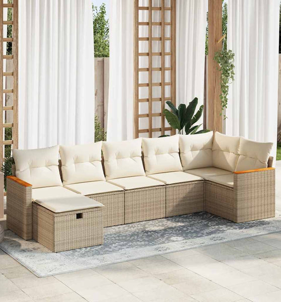 7-tlg. Garten-Sofagarnitur mit Kissen Beige Poly Rattan