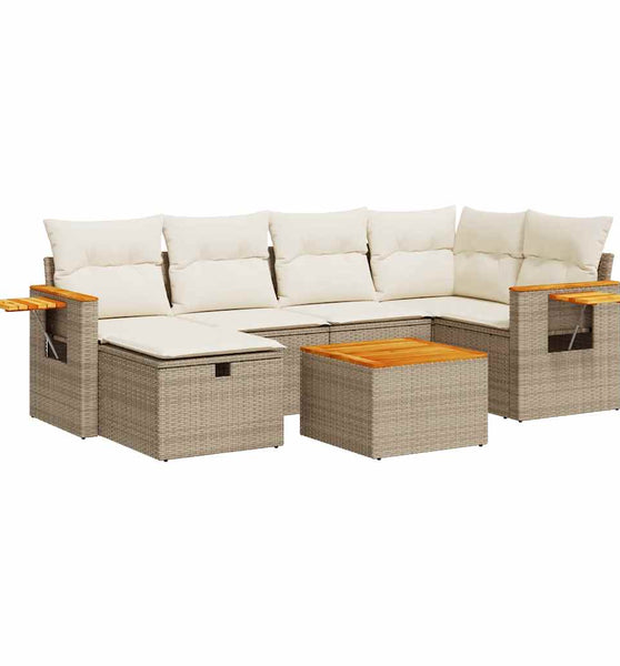 7-tlg. Garten-Sofagarnitur mit Kissen Beige Poly Rattan