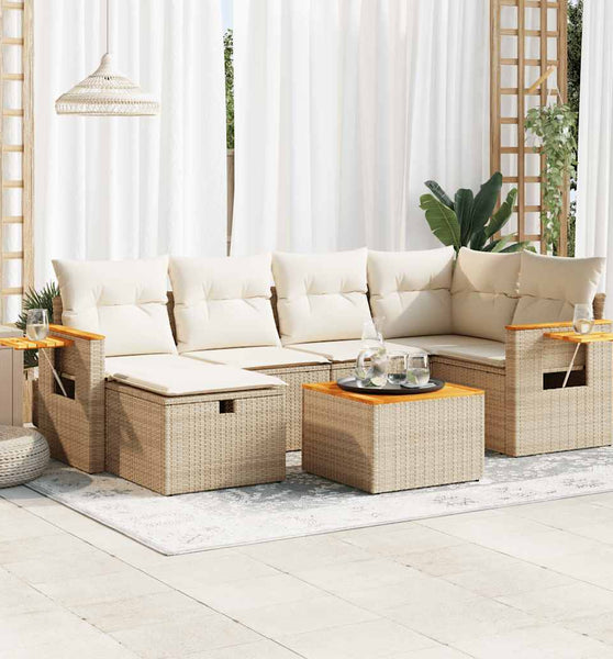 7-tlg. Garten-Sofagarnitur mit Kissen Beige Poly Rattan