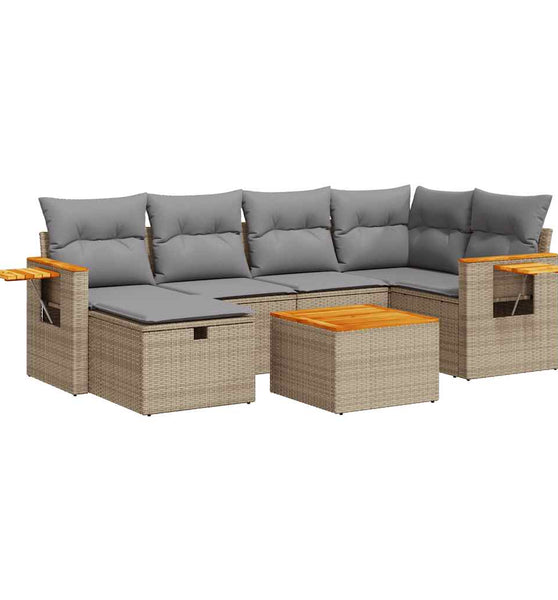 7-tlg. Garten-Sofagarnitur mit Kissen Beige Poly Rattan