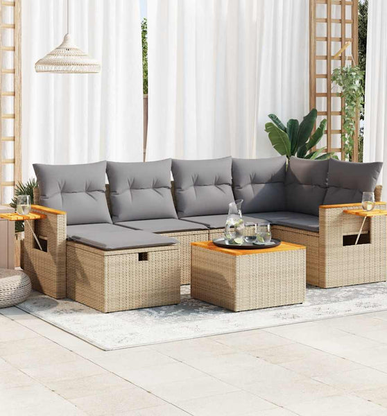 7-tlg. Garten-Sofagarnitur mit Kissen Beige Poly Rattan