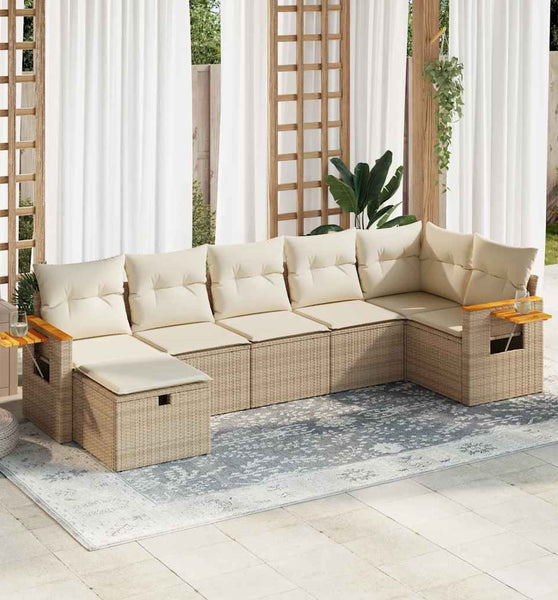7-tlg. Garten-Sofagarnitur mit Kissen Beige Poly Rattan