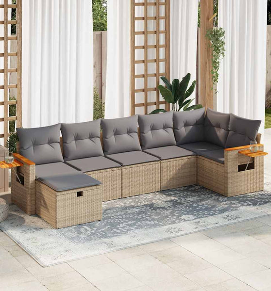 7-tlg. Garten-Sofagarnitur mit Kissen Beige Poly Rattan