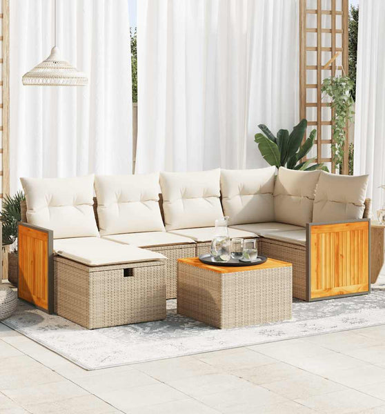 7-tlg. Garten-Sofagarnitur mit Kissen Beige Poly Rattan