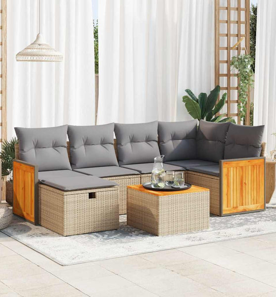 7-tlg. Garten-Sofagarnitur mit Kissen Beige Poly Rattan