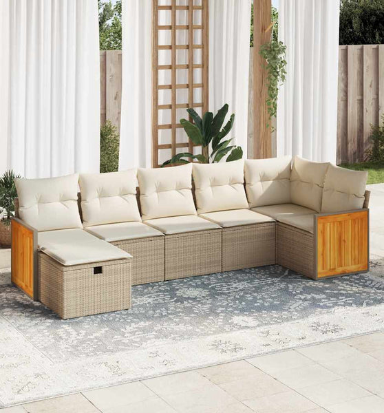 7-tlg. Garten-Sofagarnitur mit Kissen Beige Poly Rattan