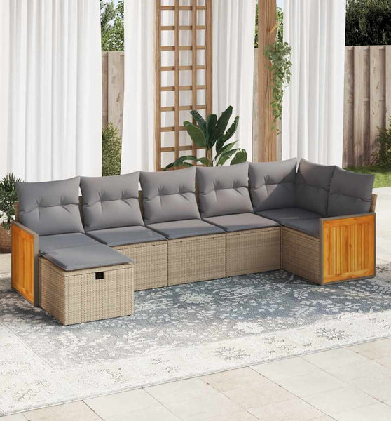 7-tlg. Garten-Sofagarnitur mit Kissen Beige Poly Rattan