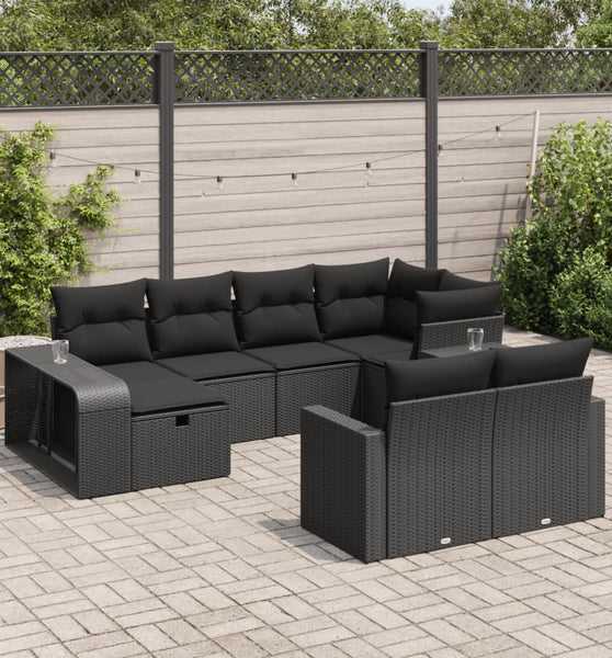 10-tlg. Garten-Sofagarnitur mit Kissen Schwarz Poly Rattan