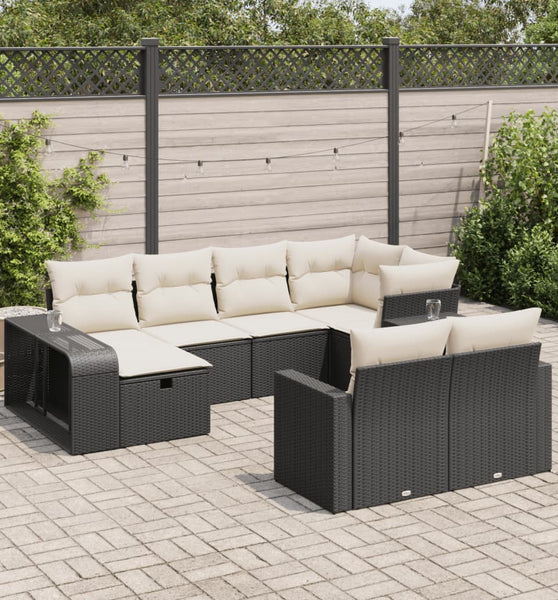 10-tlg. Garten-Sofagarnitur mit Kissen Schwarz Poly Rattan