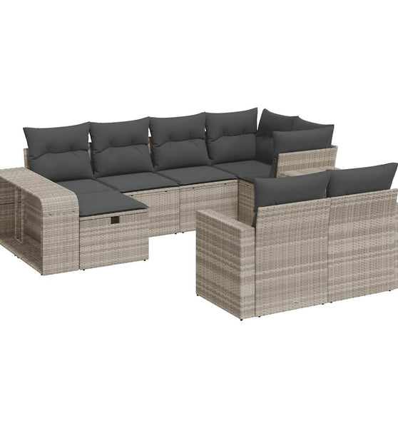 10-tlg. Garten-Sofagarnitur mit Kissen Hellgrau Poly Rattan