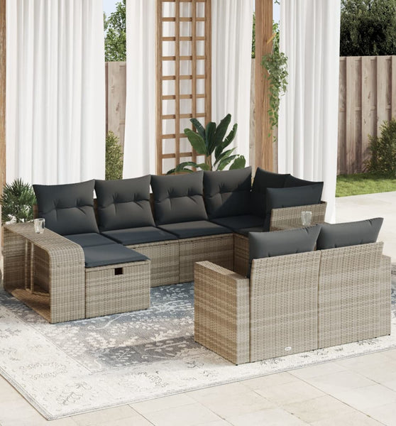 10-tlg. Garten-Sofagarnitur mit Kissen Hellgrau Poly Rattan