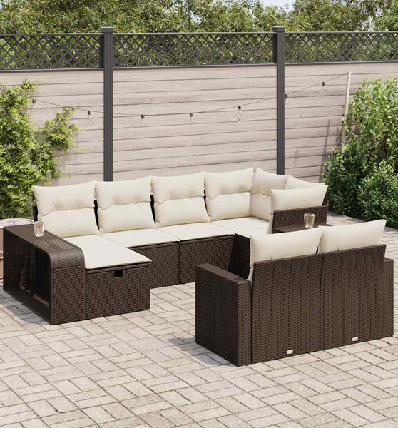 10-tlg. Garten-Sofagarnitur mit Kissen Braun Poly Rattan