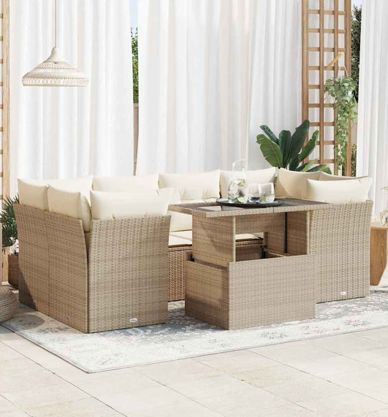 7-tlg. Garten-Sofagarnitur mit Kissen Beige Poly Rattan