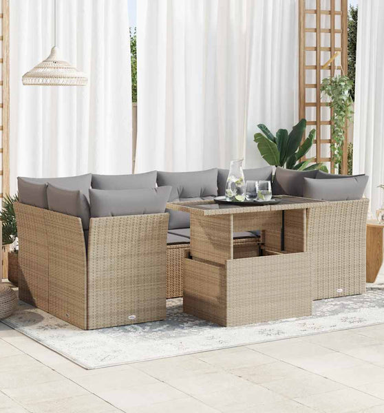 7-tlg. Garten-Sofagarnitur mit Kissen Beige Poly Rattan