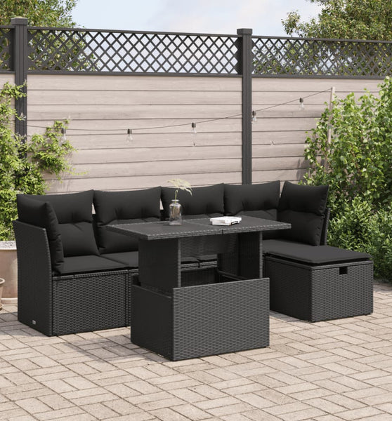 6-tlg. Garten-Sofagarnitur mit Kissen Schwarz Poly Rattan