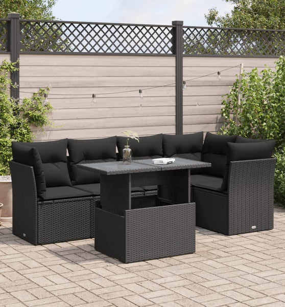 6-tlg. Garten-Sofagarnitur mit Kissen Schwarz Poly Rattan