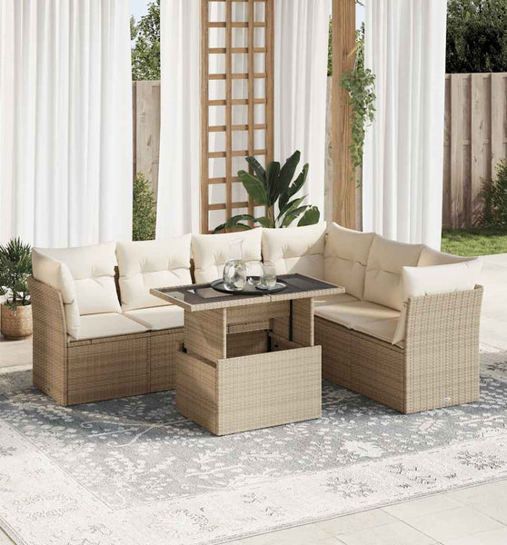 7-tlg. Garten-Sofagarnitur mit Kissen Beige Poly Rattan