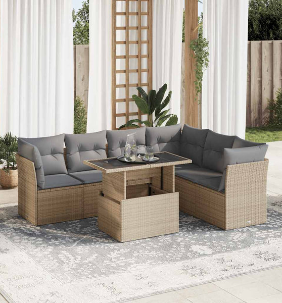 7-tlg. Garten-Sofagarnitur mit Kissen Beige Poly Rattan