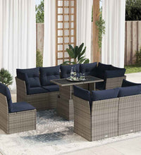 9-tlg. Garten-Sofagarnitur mit Kissen Grau Poly Rattan Akazie