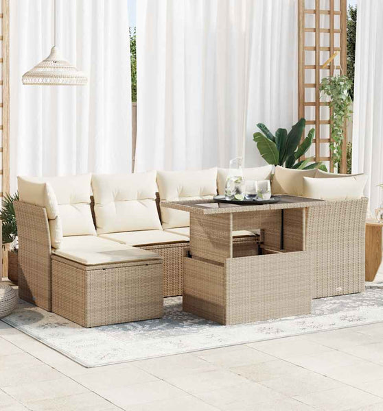 7-tlg. Garten-Sofagarnitur mit Kissen Beige Poly Rattan