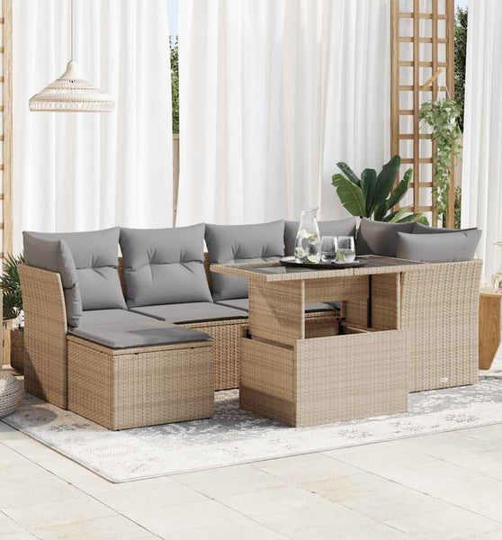 7-tlg. Garten-Sofagarnitur mit Kissen Beige Poly Rattan