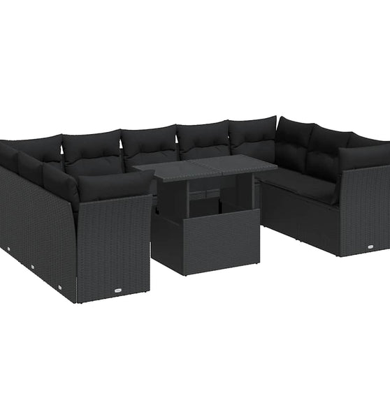 10-tlg. Garten-Sofagarnitur mit Kissen Schwarz Poly Rattan