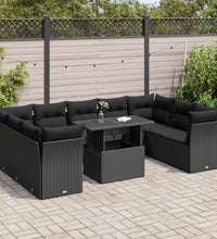 10-tlg. Garten-Sofagarnitur mit Kissen Schwarz Poly Rattan