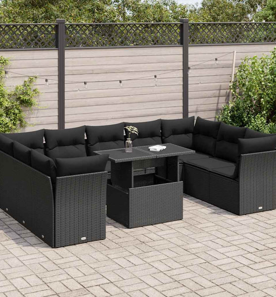 10-tlg. Garten-Sofagarnitur mit Kissen Schwarz Poly Rattan