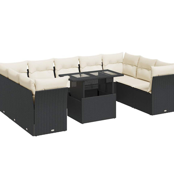 10-tlg. Garten-Sofagarnitur mit Kissen Schwarz Poly Rattan