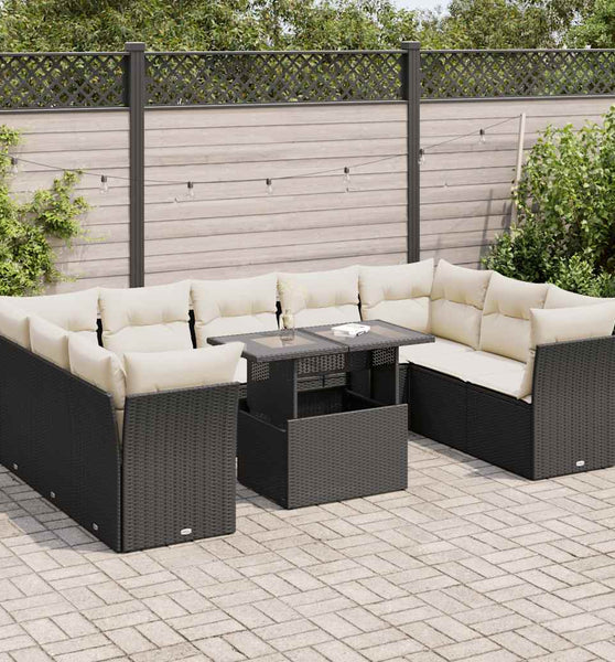 10-tlg. Garten-Sofagarnitur mit Kissen Schwarz Poly Rattan