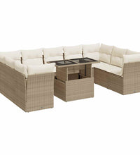 10-tlg. Garten-Sofagarnitur mit Kissen Beige Poly Rattan