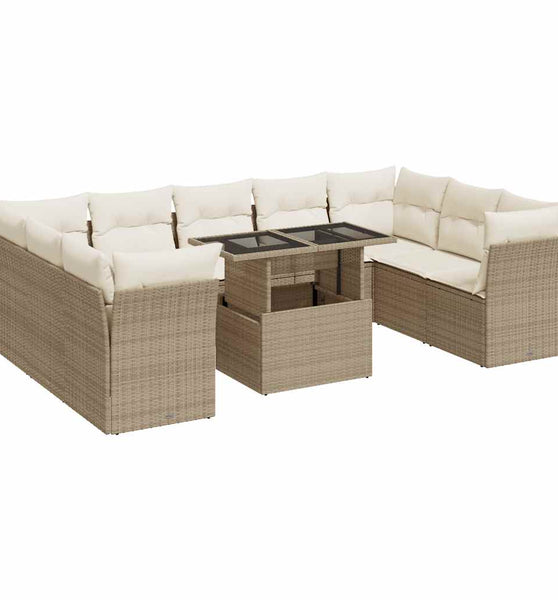 10-tlg. Garten-Sofagarnitur mit Kissen Beige Poly Rattan