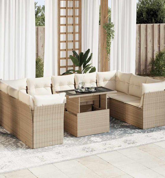 10-tlg. Garten-Sofagarnitur mit Kissen Beige Poly Rattan