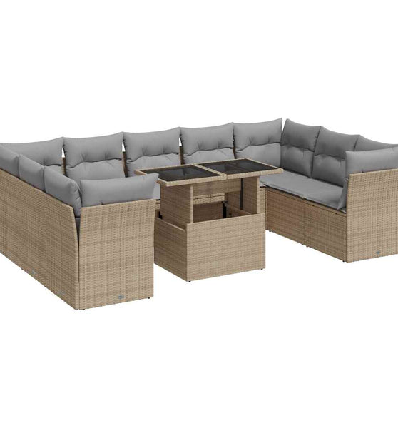 10-tlg. Garten-Sofagarnitur mit Kissen Beige Poly Rattan