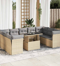 10-tlg. Garten-Sofagarnitur mit Kissen Beige Poly Rattan