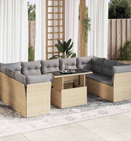 10-tlg. Garten-Sofagarnitur mit Kissen Beige Poly Rattan