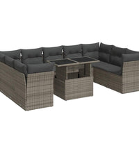 10-tlg. Garten-Sofagarnitur mit Kissen Grau Poly Rattan